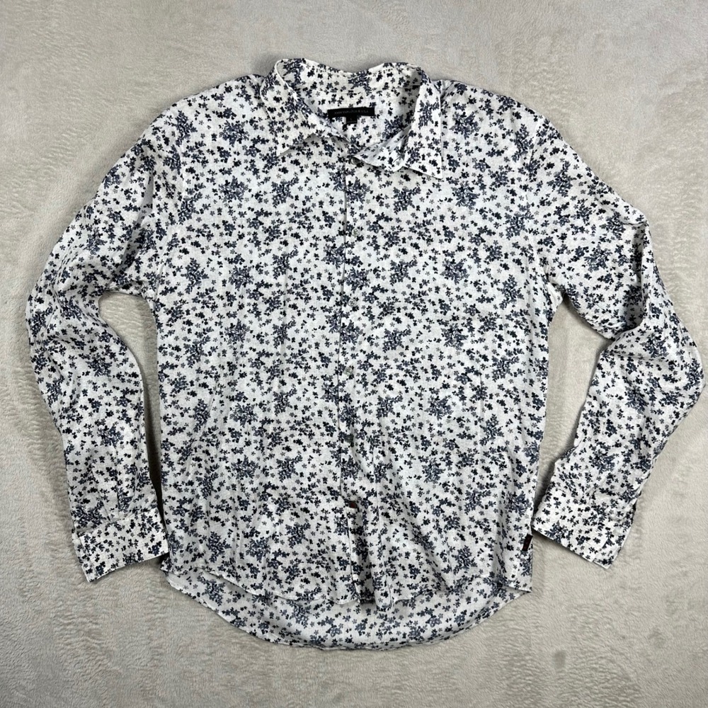 John Varvatos USA Button Down Mens Large White Floral Long Sleeve Cotton Shirt